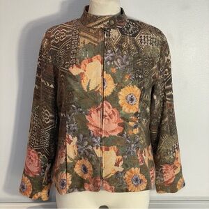 Coldwater Creek Petite 14 Taupe Yellow Pink Floral Tapestry Zip Jacket Blazer